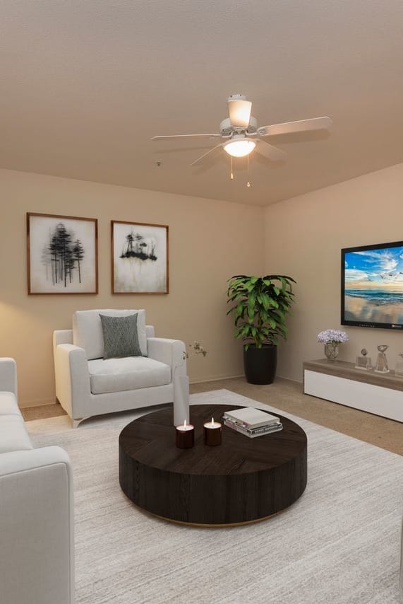 a living room with white couches and a coffee table at Winding Commons Senior Living, Carmichael, CA, 95608