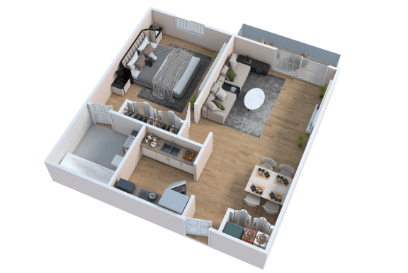 Floor Plan  3D rendering of floor plan for one bedroom unit