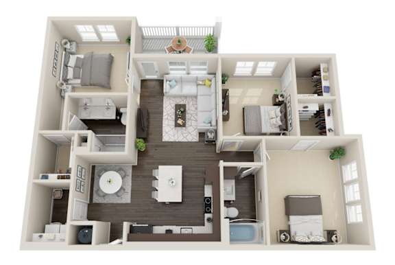 A 3D floor plan of a house with a kitchen, living room, dining room, and bedrooms.