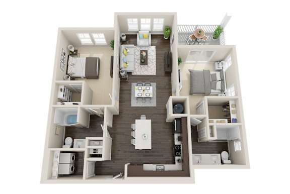 A 3D floor plan of a house with a kitchen, living room, and two bedrooms.