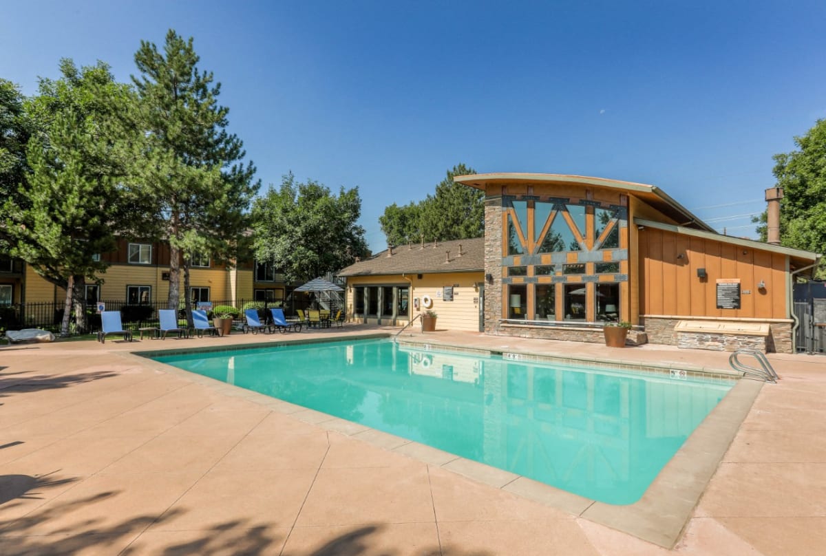 Copper Flats pool area with clubhouse views - Aurora, CO