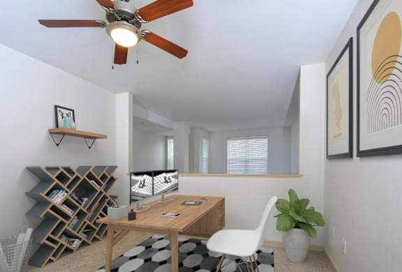 Bright open loft area with desk and chair for work from home