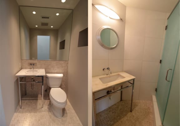 a small bathroom with a sink and a toilet and a mirror at Metro67, Memphis, Tennessee