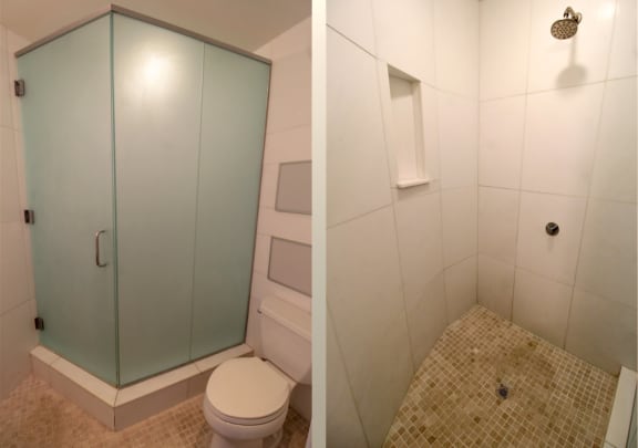 two views of a bathroom with a toilet and a shower at Metro67, Memphis, TN, 38103