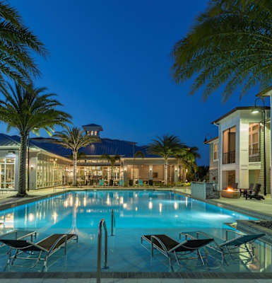 A swimming pool surrounded by palm trees and lounge chairs. at The Addison on Long Bayou Apartments, Seminole, Florida