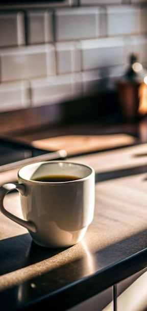 A white cup of coffee sits on a wooden countertop.
