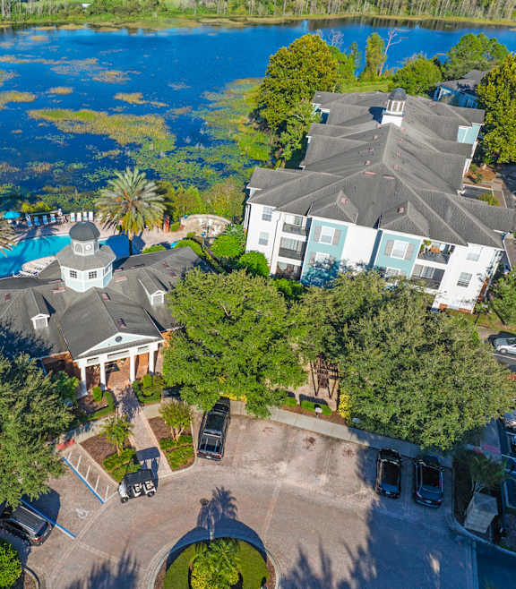 a aerial view of the resort and the lake