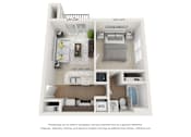Thumbnail 5 of 5 - A white 3D floor plan of a small apartment with a kitchen, living room, and bedroom at River Oak Apartments, Louisville, KY, 40206
