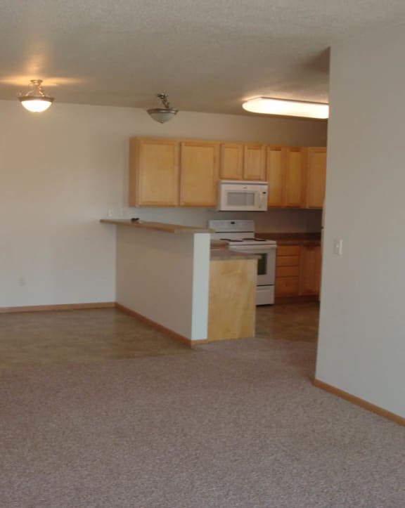 an empty living room with a kitchen in the background