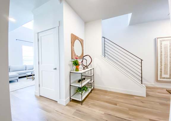 A white door is on the left side of a hallway with a wooden floor and a wall-mounted shelf with plants on it.