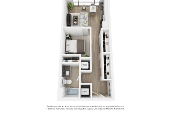 A floor plan of a small apartment with a kitchen, living room, and bathroom.