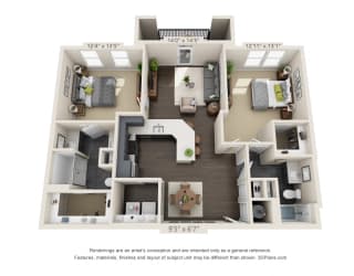 The Burl Ray 3D. 2 bedroom apartment. Kitchen with bartop open to living room. 2 full bathroom, double vanity & shower stall in master. Walk-in closets. Patio.