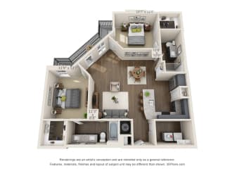 The Cardinal 3D. 2 bedroom apartment. Kitchen with bartop open to living/dinning room. 2 full bathroom, double vanity in master, shower in guest. Walk-in closets. Patio.