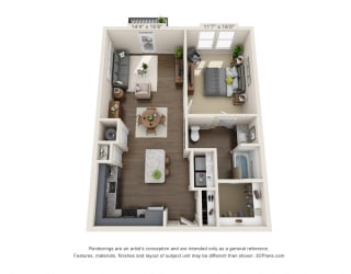 The Heritage 3D. 1 bedroom apartment. Kitchen with island open to living room. 1 full bathroom. Walk-in closet. Patio/balcony.