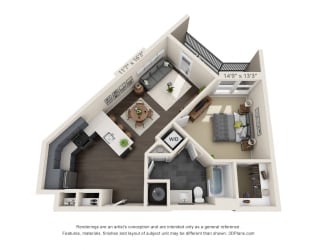 The Hunt 3D. 1 bedroom apartment. Kitchen with bartop open to living room. 1 full bathroom. Walk-in closet. Patio/balcony.