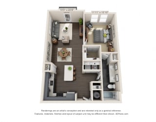 The Kimball 3D. 1 bedroom apartment. Kitchen with island open to living room. 1 full bathroom, double vanity. Walk-in closet. Patio/balcony.