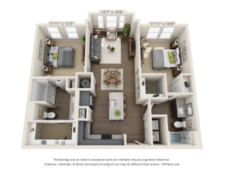 The Legacy 3D. 2 bedroom apartment. Kitchen with island open to living room. 2 full bathroom, double vanity & shower stall in master. Walk-in closets.