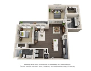 The Magnolia 3D. 2 bedroom apartment. Kitchen with island open to living/dinning room. 2 full bathroom, double vanity & shower stall in master. Walk-in closets. Patio.