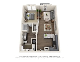 The Matlock 3D. 1 bedroom apartment. Kitchen with bartop open to living room. 1 full bathroom. Walk-in closet. Patio/balcony.
