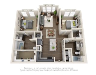The Patterson 3D. 2 bedroom apartment. Kitchen with island open to living room. 2 full bathroom, double vanity in master. Walk-in closets.