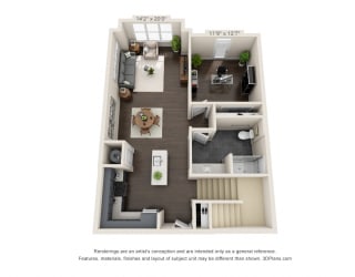 The Pleasant Ridge First Floor 3D. Living room, Kitchen, Study, bathroom. Stairs to loft.