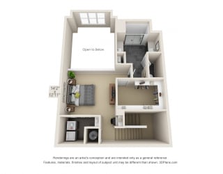 The Pleasant Ridge Second Floor 3D. Loft style bedroom, bathroom, open to below.