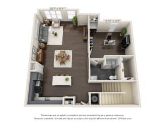 The Walnut Creek First Floor 3D. Living room, Kitchen, Study, bathroom. Stairs to loft.