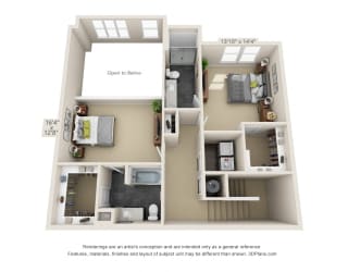 The Walnut Creek Second Floor 3D. Bedrooms (one open to below), 2 bathrooms