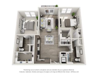 The Oscar 3D floorplan with 2 Bedrooms, 2 Baths one with standalone shower. L shaped Kitchen open to dining and living area.