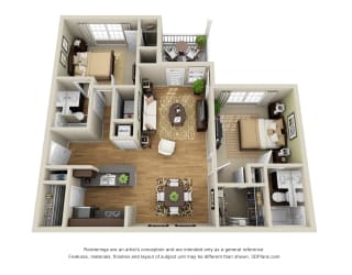 3D windsor 2 bedroom floorplan with galley kitchen and peninsula bartop open to dining and living room. Pantry. 2 full baths. large closets. in-unit laundry. patio/balcony.