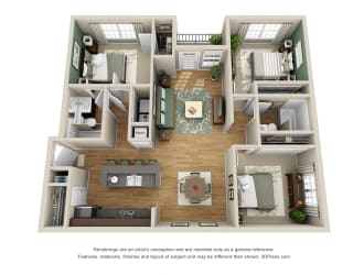 Biltmore 3D 3 bedroom apartment. kitchen with island and bartop. open to dining and living room. Kitchen Pantry. 2 full baths. In-unit laundry. Patio/balcony.