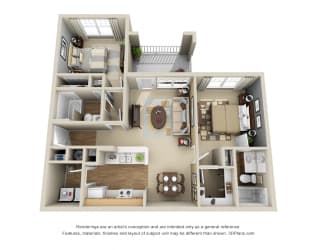 Cedar 3D. 2 bedroom apartment. Kitchen with bartop open to living/dinning rooms. 2 full bathrooms. Walk-in closet in master. Patio/balcony.