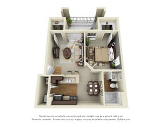 Abbington 3D. 1 bedroom apartment. Kitchen with bartop open to living/dinning rooms. 1 full bathroom. Walk-in closet. Patio/balcony.