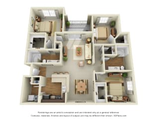 Camden 3D. 3 bedroom apartment. Kitchen with bartop open to living/dinning rooms. 2 full bathroom, double vanities. Walk-in closets. Patio/balcony.