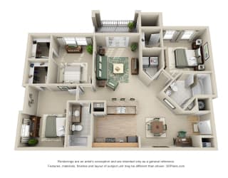McCrimmon 3D. 3 bedroom apartment. Kitchen with bartop open to living/dinning rooms. 2 full bathroom. Walk-in closets. Patio/balcony.