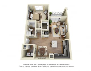 Falcon 3D. 1 bedroom apartment. Kitchen with island open to living/dinning rooms. 1 full bathroom. Walk-in closet. Patio/balcony.
