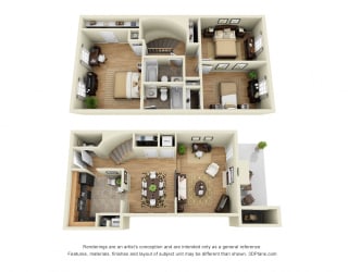 La Colombe 3D. 3 bedroom townhome. Kitchen, living, and dinning rooms. 2 full bathrooms + powder room. Patio/balcony.