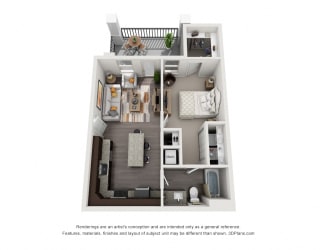 The Miller 3D. 1 bedroom apartment. Kitchen with island open to living room. 1 full bathroom. Walk-in closet. Patio/balcony.