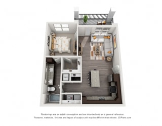 The Snow 3D. 1 bedroom apartment. Kitchen with island open to living room. 1 full bathroom, double vanity. Walk-in closet. Patio/balcony.