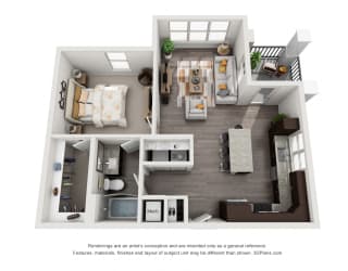 The Vera 3D. 1 bedroom apartment. Kitchen with island open to living room. 1 full bathroom. Walk-in closet. Patio/balcony.