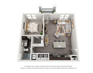 The Truth 3D. 1 bedroom apartment. Kitchen with island open to living room. 1 full bathroom. Walk-in closet. Patio/balcony.