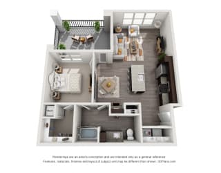 The Tyler 3D. 1 bedroom apartment. Kitchen with island open to living/dinning rooms. 1 full bathroom. Walk-in closet. Patio/balcony.