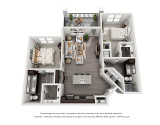 The Freedman 3D. 2 bedroom apartment. Kitchen with island open to living room. 2 full bathrooms, double vanity in master. Walk-in closet. Patio/balcony.