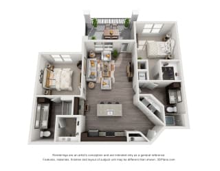 The Stillwater 3D. 2 bedroom apartment. Kitchen with island open to living room. 2 full bathrooms, double vanity in master. Walk-in closet. Patio/balcony.