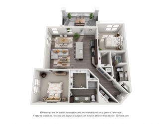 The Valentina 3D. 2 bedroom apartment. Kitchen with island open to living room. 2 full bathrooms, double vanity in master. Walk-in closets. Patio/balcony.