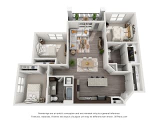 The Pecan Lodge. 3 bedroom apartment. Kitchen with island open to living/dinning rooms. 2 full bathrooms. Walk-in closet in master. Patio/balcony.
