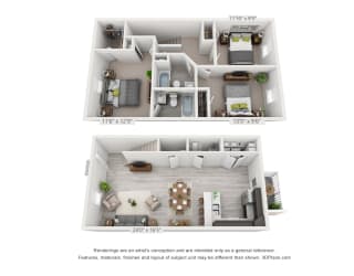 Artists 3D rendering of the 3 bedroom, 2 and a half bathroom unit layout.