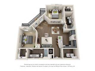 The Cardinal 3D. 2 bedroom apartment. Kitchen with bartop open to living/dinning room. 2 full bathroom, double vanity in master, shower in guest. Walk-in closets. Patio.