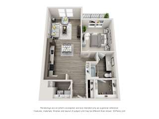 The Foxtrot 3D Floorplan with 1 Bedroom, 1Bath. Kitchen with L shaped Countertops open to Living Room Area.