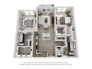 The Oscar 3D floorplan with 2 Bedrooms, 2 Baths one with standalone shower. L shaped Kitchen open to dining and living area.